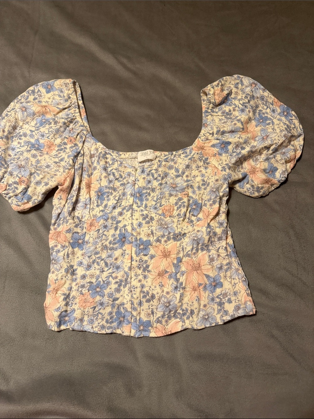 Sienna Sky Floral Puff Sleeve Square Neck Top - Blue & Pink on Cream
